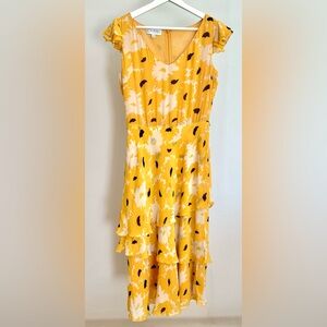 Joan& David Yellow Silk Midi Layered Party Dress, Size S/4